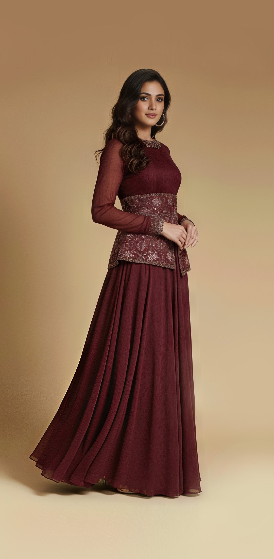 Woman wearing a maroon traditional outfit with a beige background