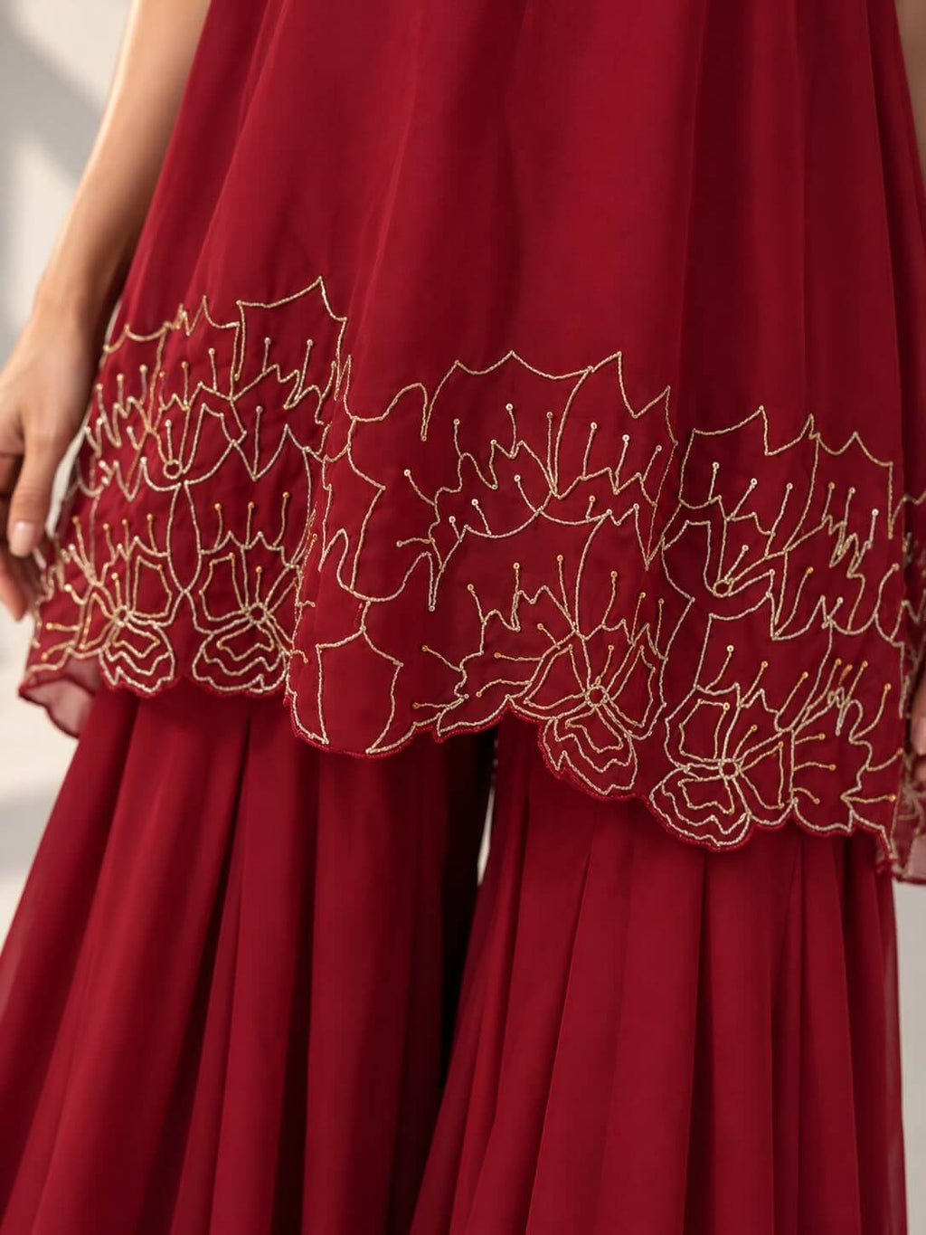 Maroon occasionwear co-ord set with embroidered hem