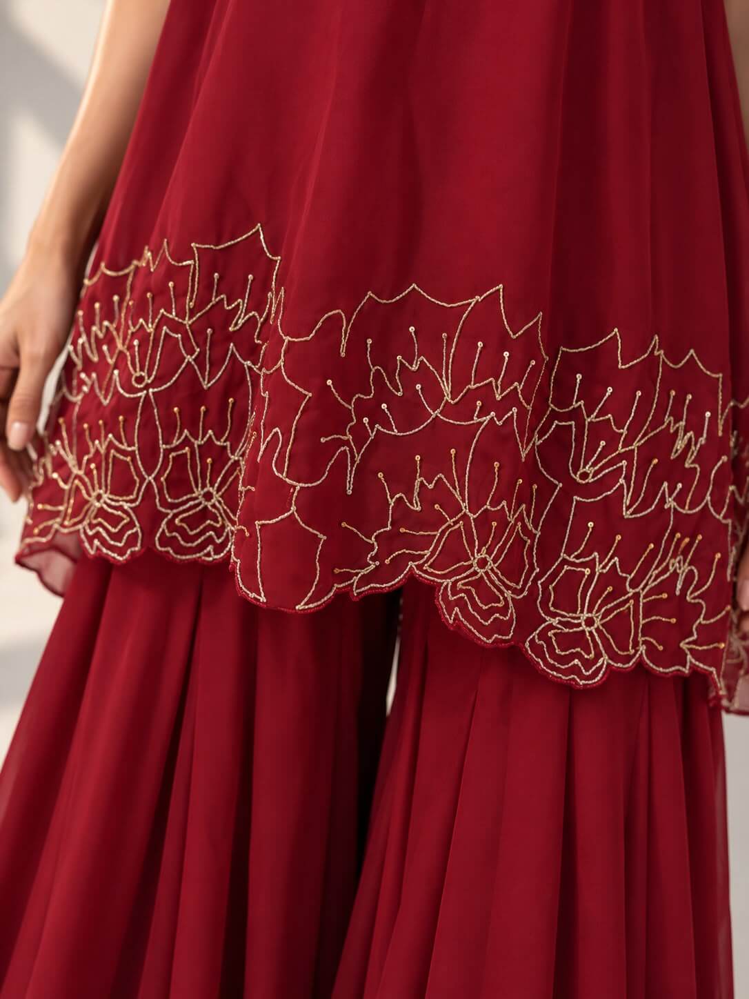 Maroon occasionwear co-ord set with embroidered hem