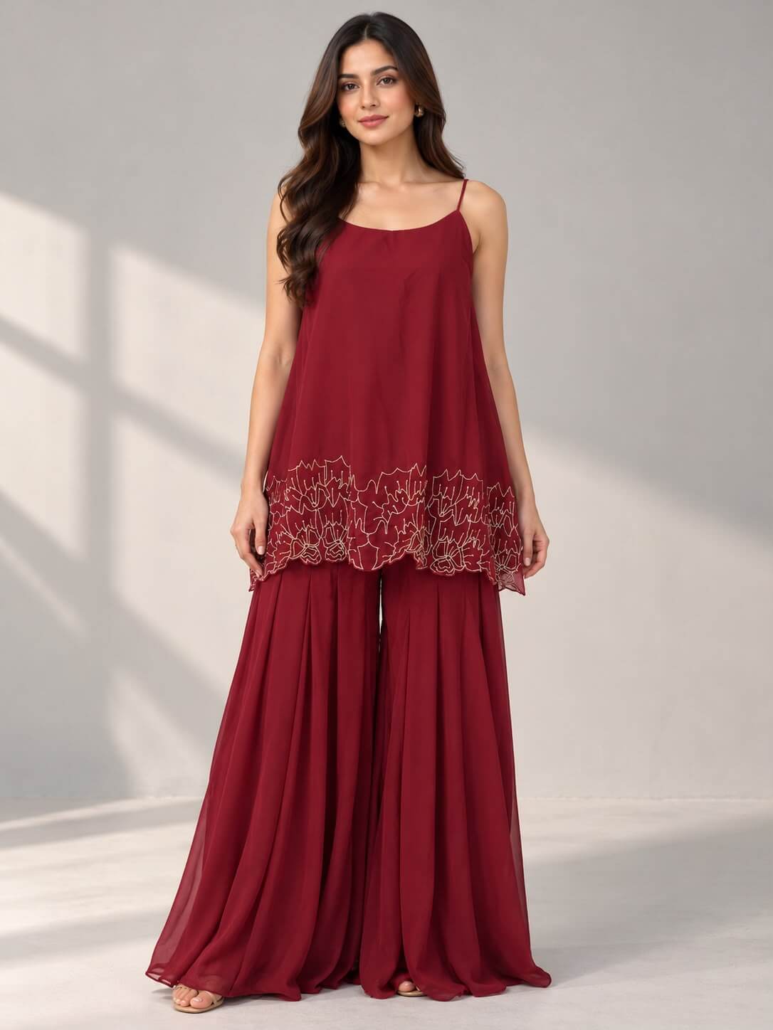 Maroon sleeveless embroidered top and palazzo set for women