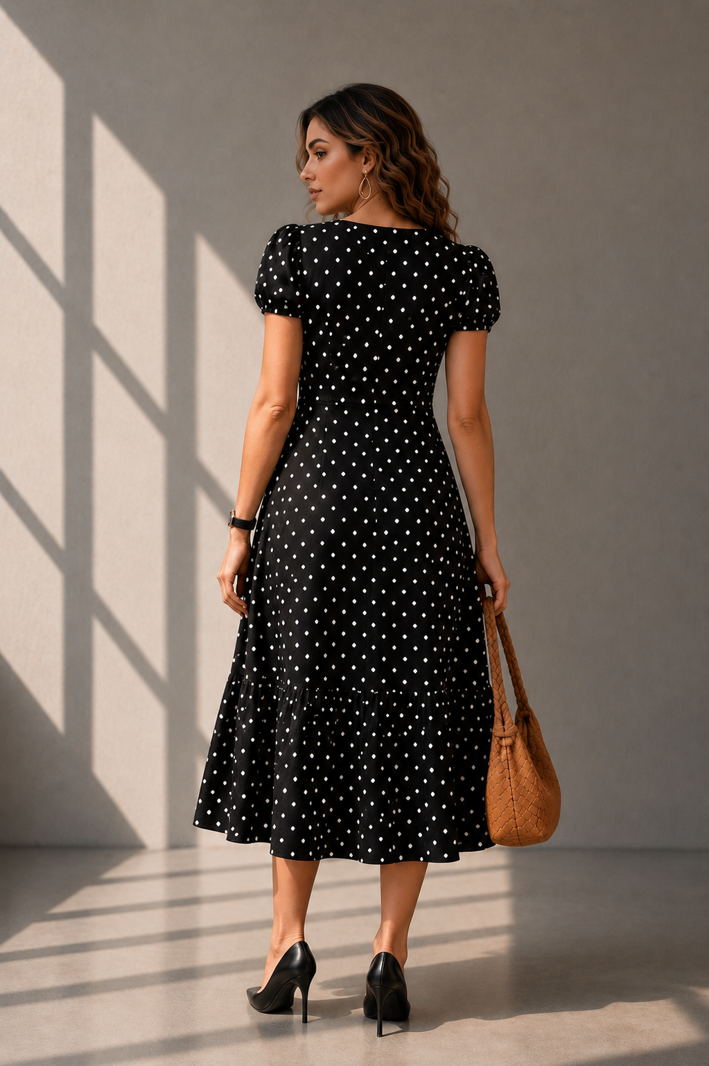 Back view of black white polka dot midi dress with puff sleeves and elegant fitted silhouette