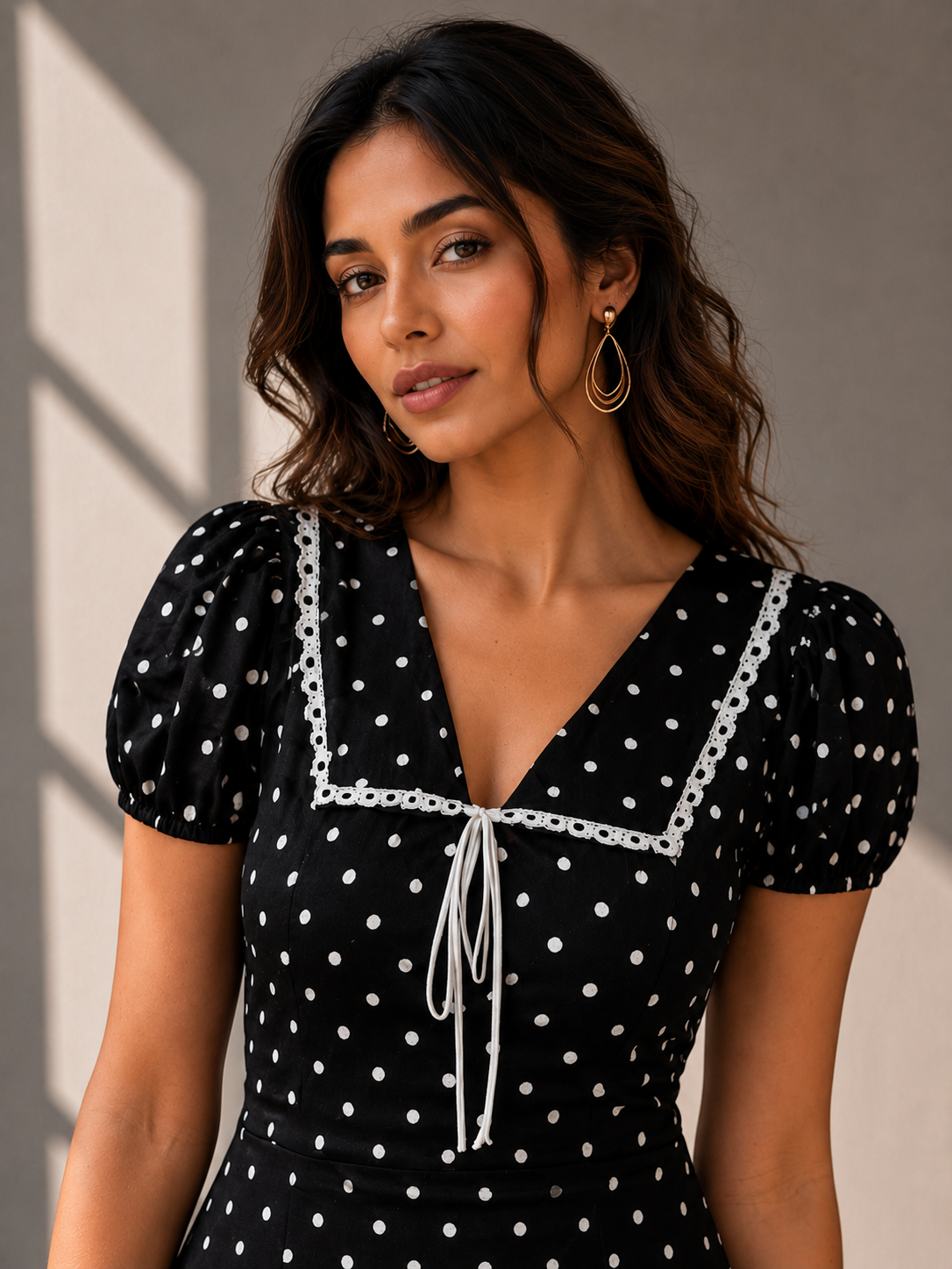 Close-up portrait of Indian model wearing vintage-inspired black polka dot lace trim midi dress