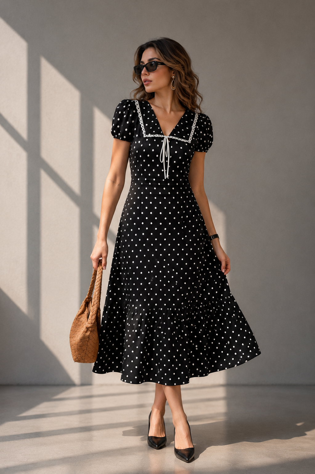 Indian female model wearing black polka dot midi dress with lace trim neckline in soft sunlight studio