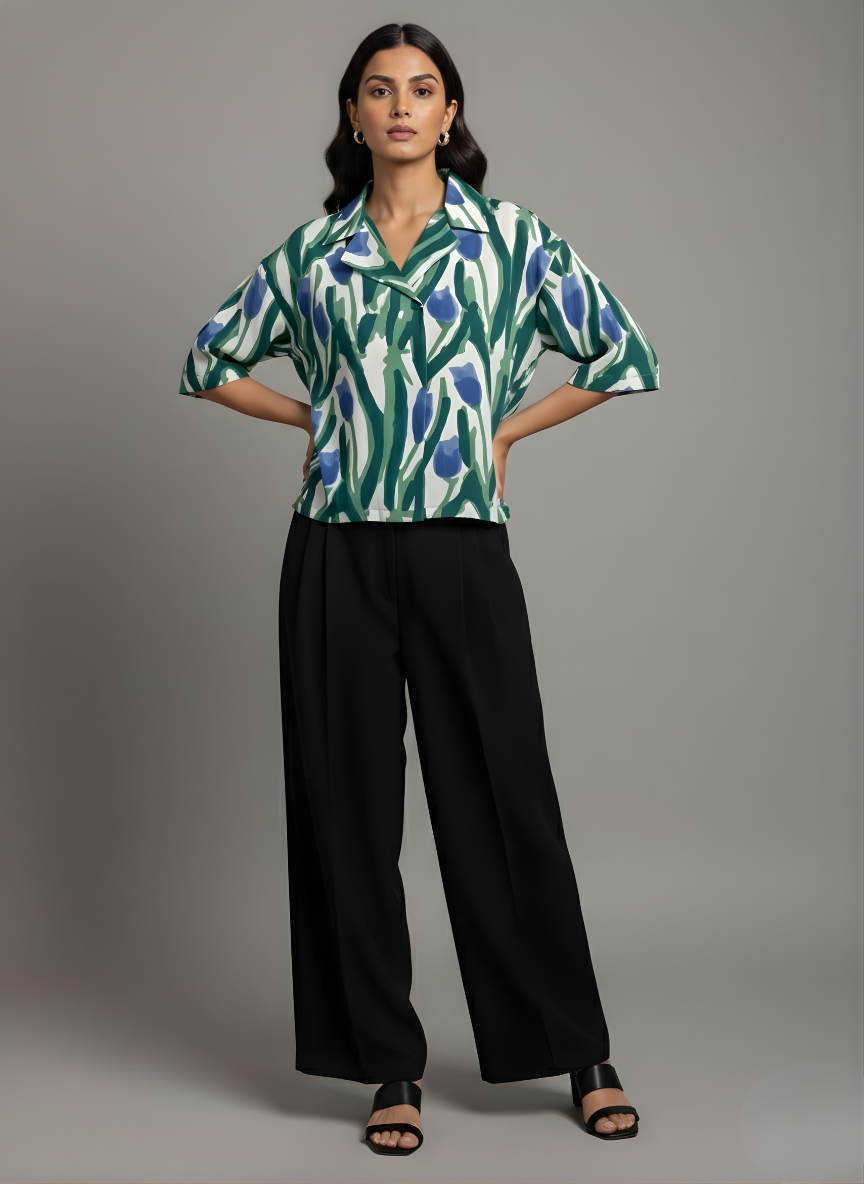 Stylish green cotton printed top for women with modern loose fit