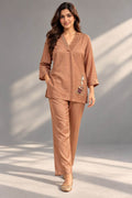 modal silk co-ord set with embellished top and matching trousers