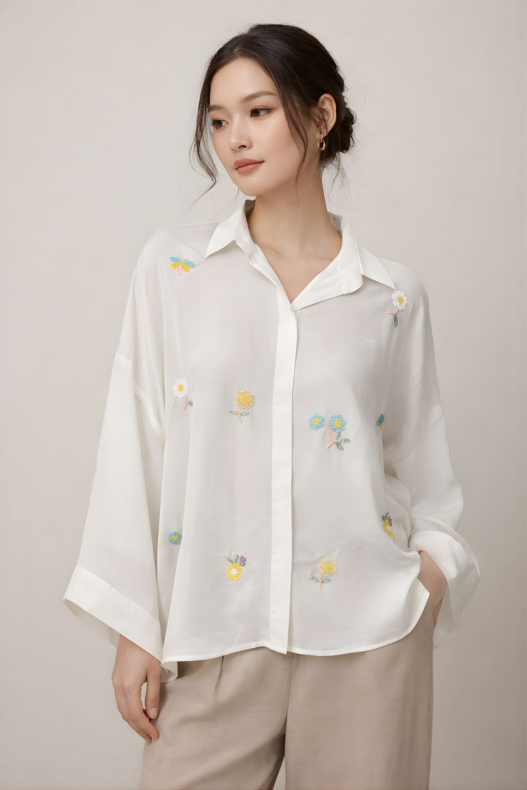 Ivory crepe shirt with moti embellished floral embroidery