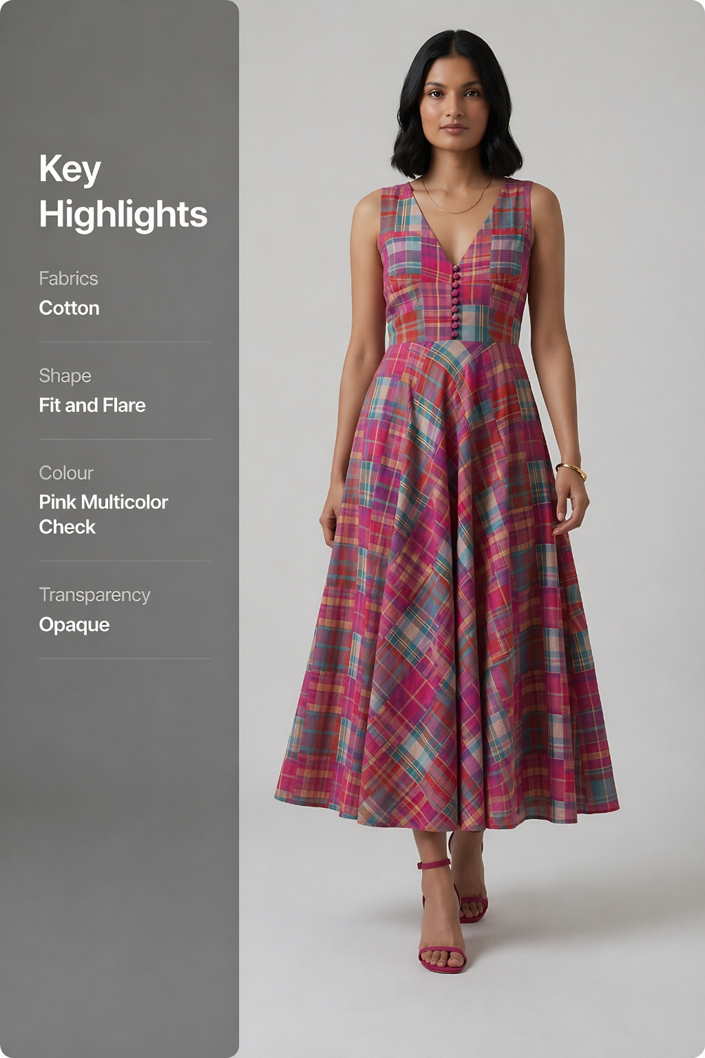 Woman wearing a pink multicolor check dress with key highlights on the left.