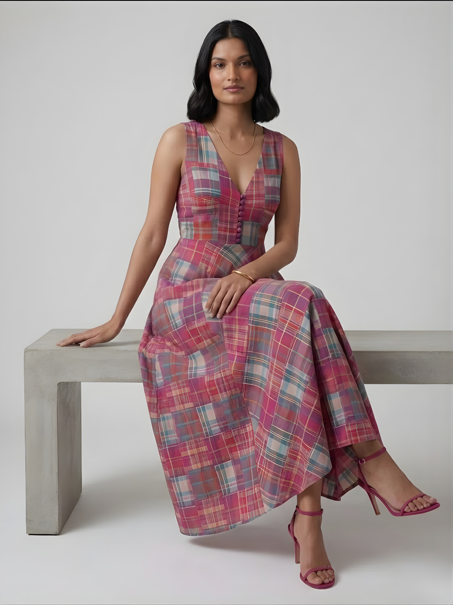 Woman wearing a vibrant checkered cotton maxi dress 