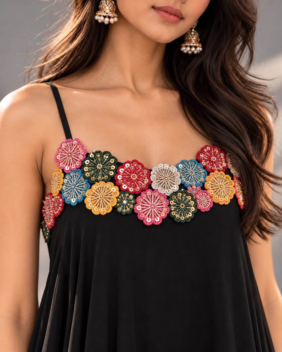 Black georgette top with multicolour handwork
