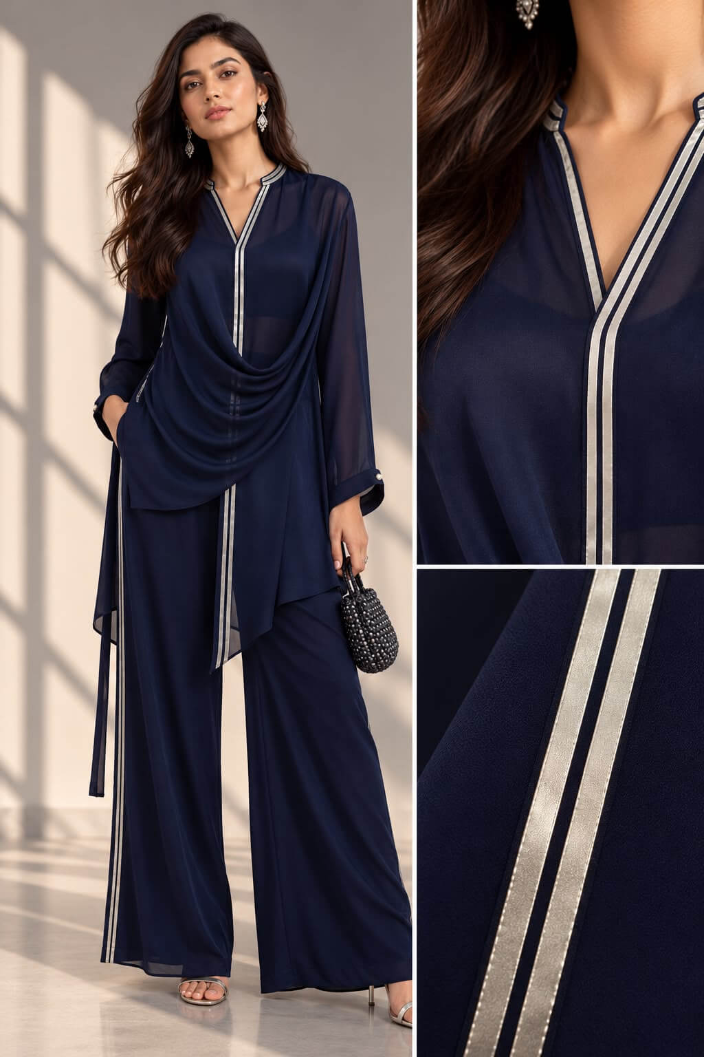 Close-up of silver gotta lace trim along the neckline and front of a navy blue georgette overlay top.