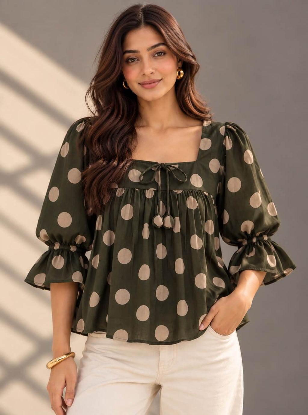 Olive green cotton polka dot top with puff sleeves