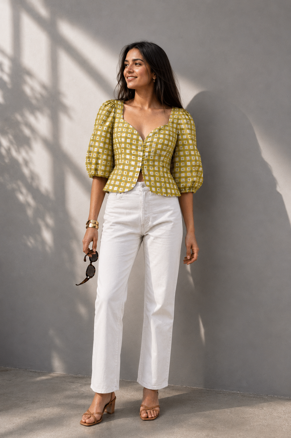 Woman wearing olive heart check cotton puff sleeve top front view