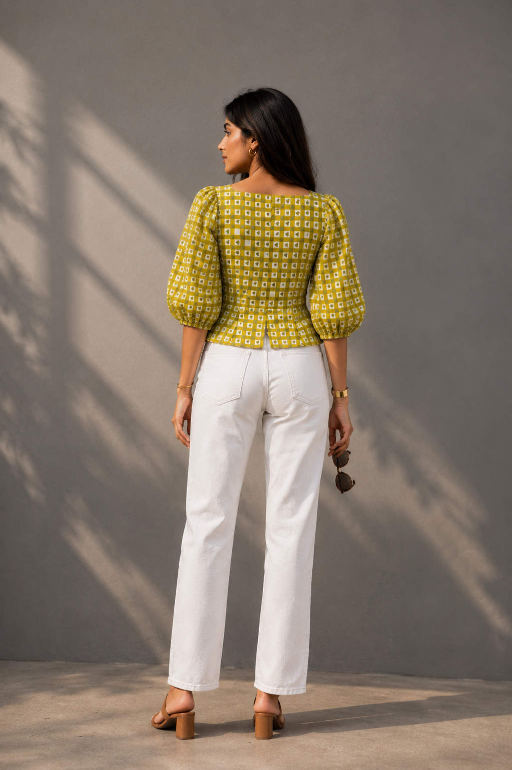  Stylish cotton check top for women in studio sunlight shoot