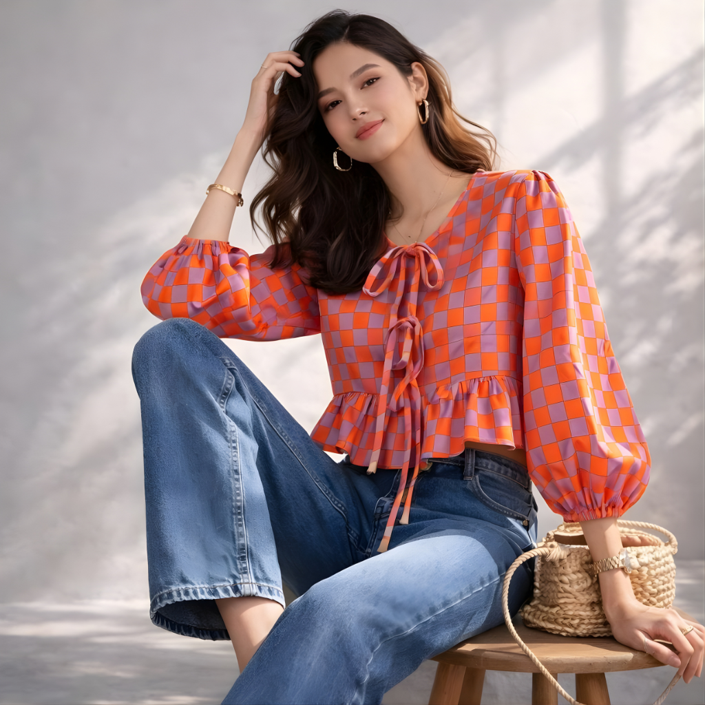 Stylish summer outfit featuring orange retro check peplum top