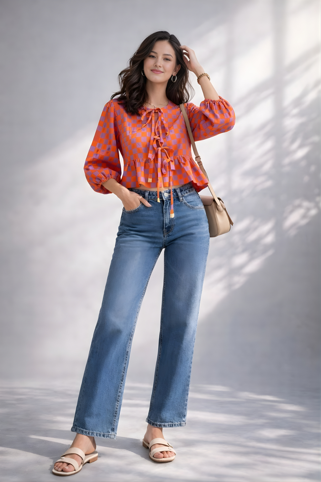 Woman wearing orange checkered tie-front peplum top