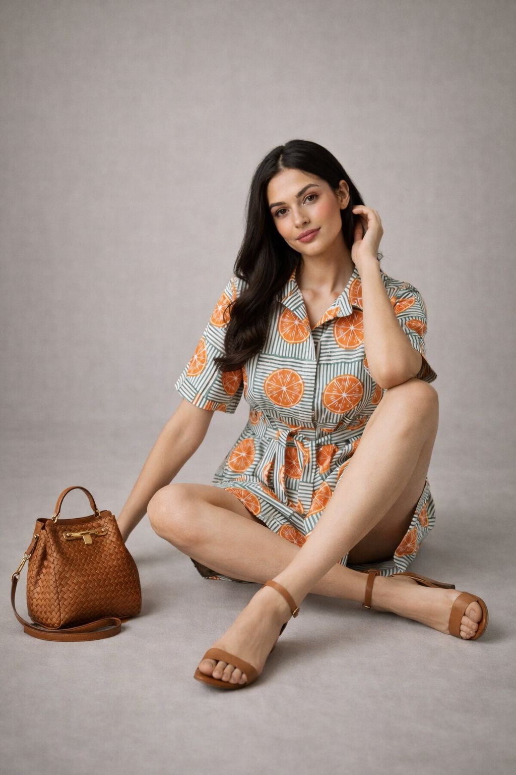 Casual orange cotton mini dress with artisan print and relaxed fit