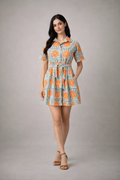 Woman wearing an orange printed cotton shirt dress with tie waist and short sleeves