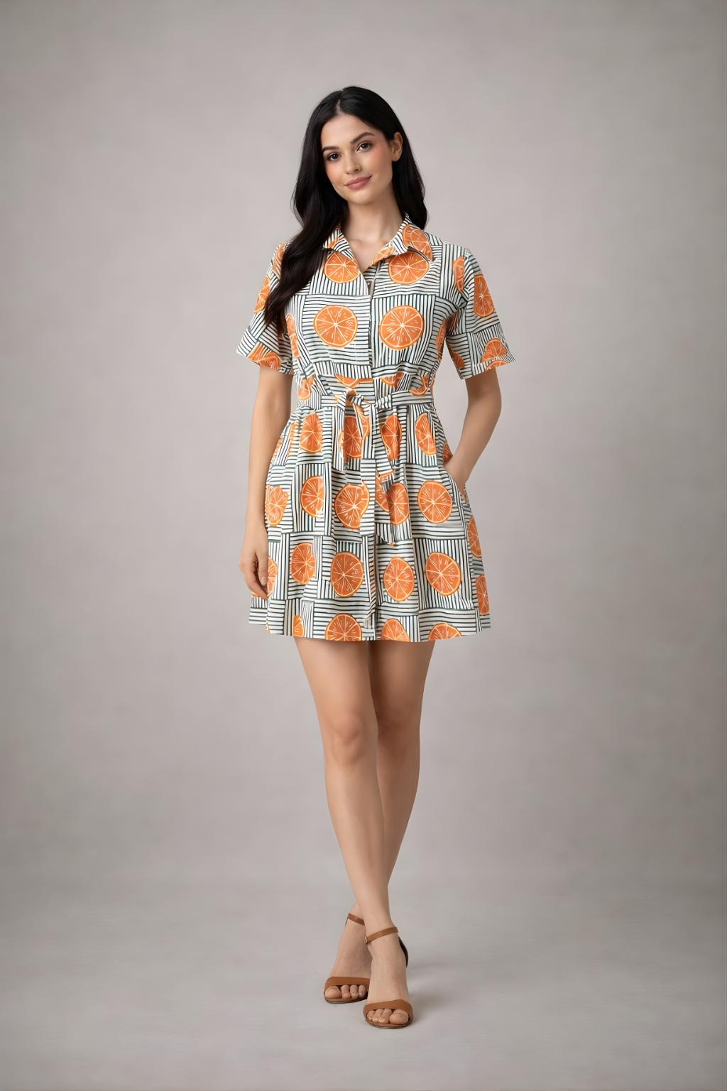 Woman wearing an orange printed cotton shirt dress with tie waist and short sleeves