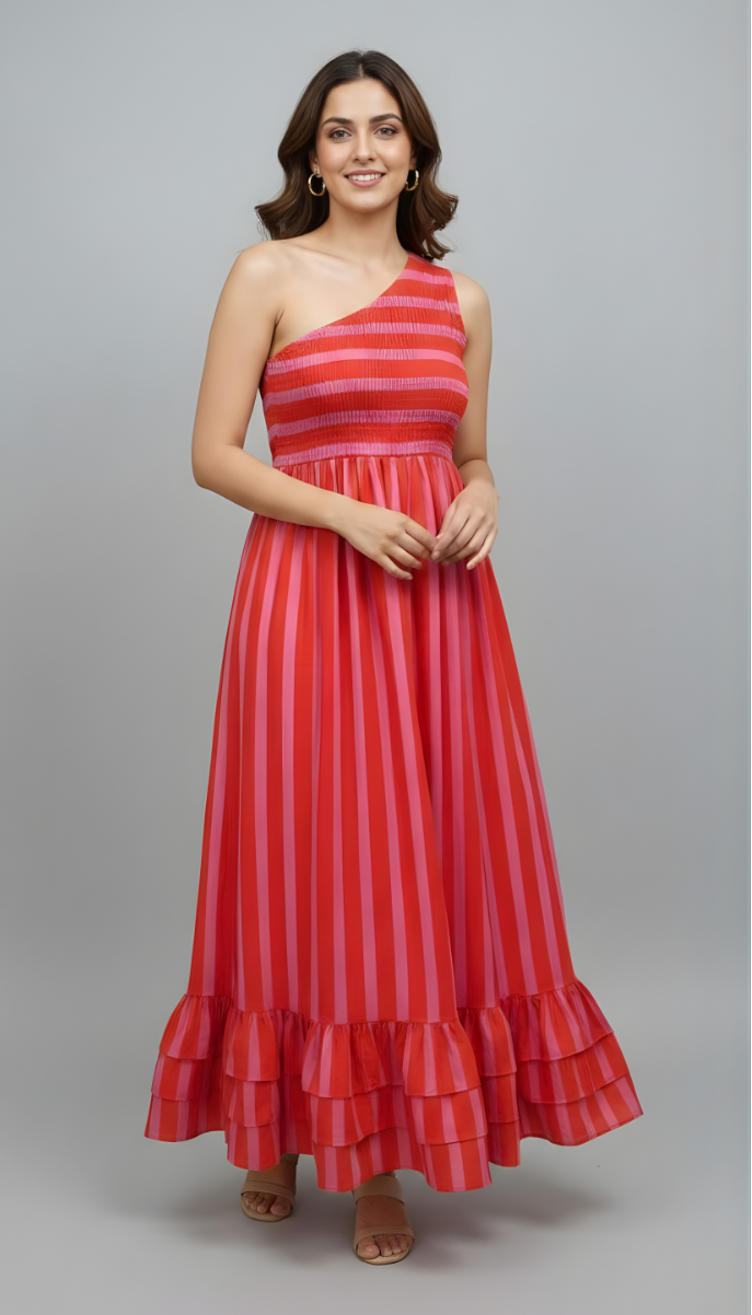 Women’s red striped one-shoulder maxi dress with tiered hem