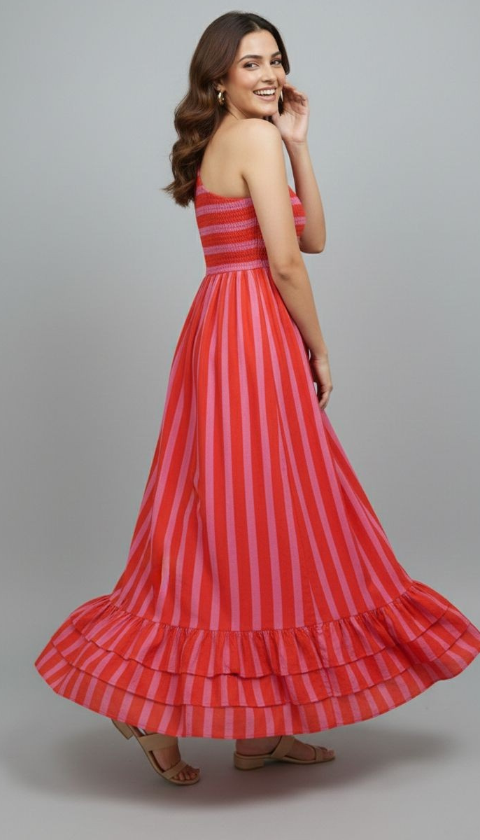 Flowy striped maxi dress styled for vacation and occasion wear