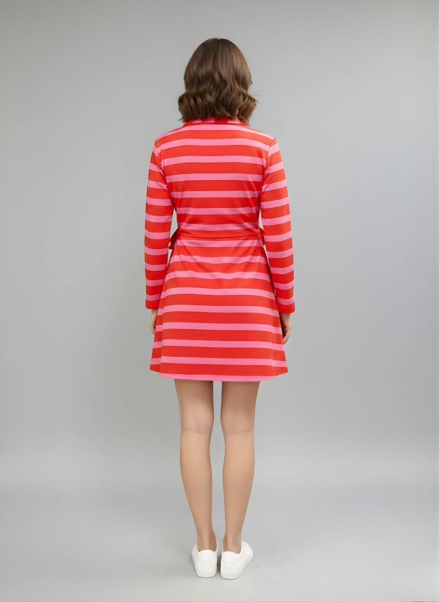 Orange and pink striped wrap dress for women with tie waist and long sleeves