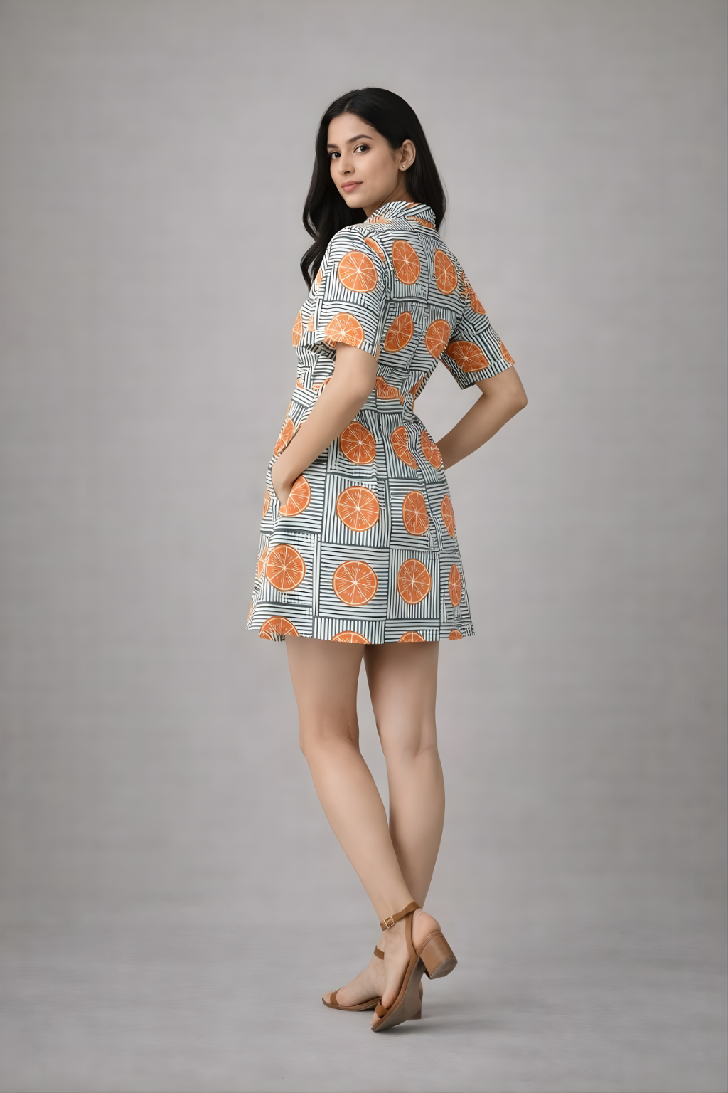 Orange handblock print summer shirt dress for women with collar and front buttons