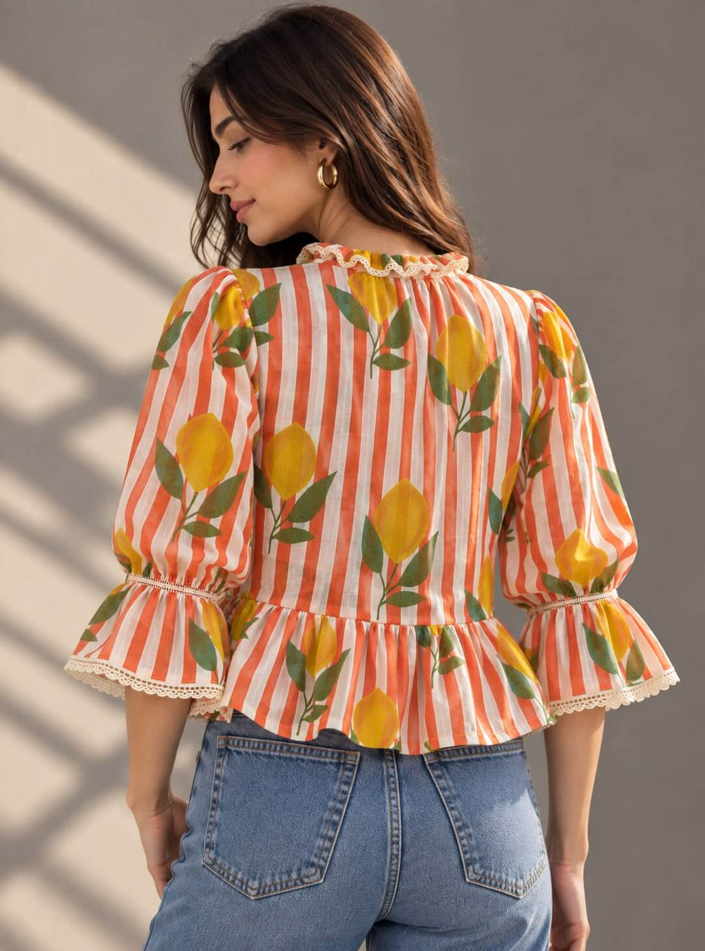 Orange striped lemon print top for women
