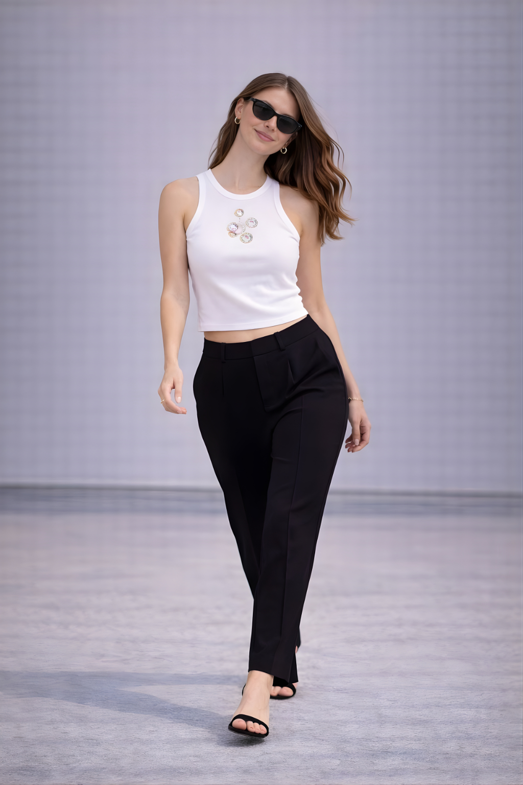 Sleeveless white crop tank with handcrafted embroidered motifs