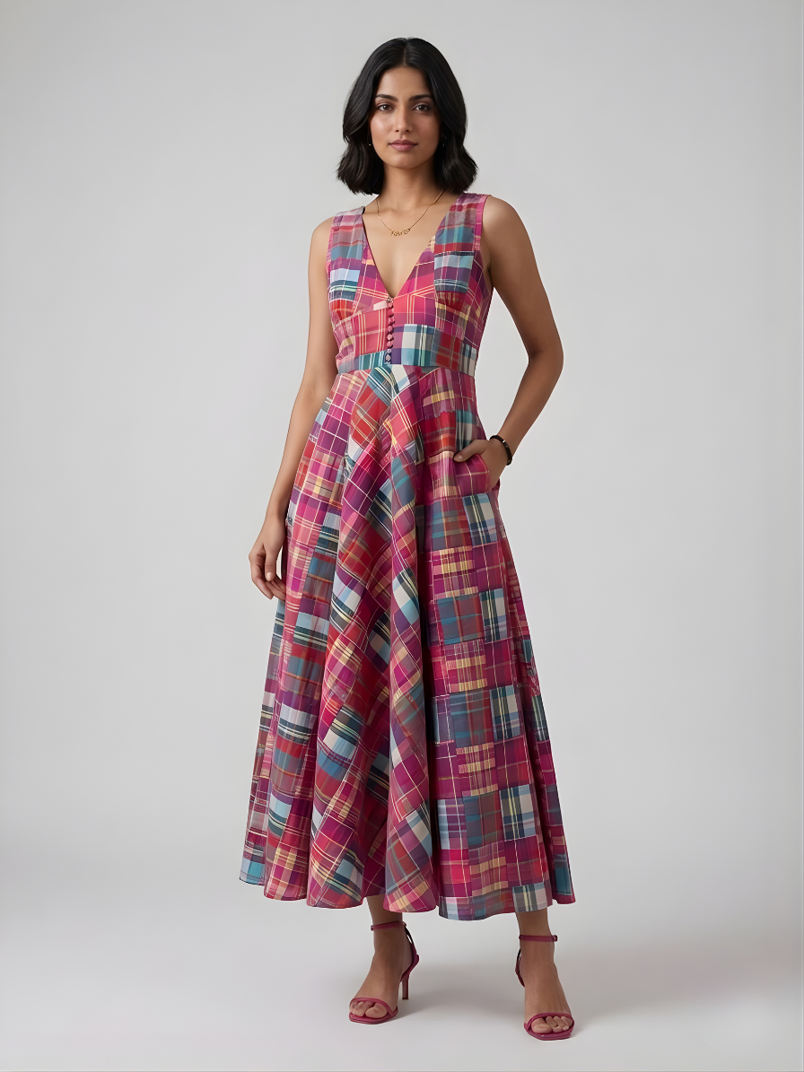 Multicolor checkered cotton maxi dress with V-neck and flared silhouette