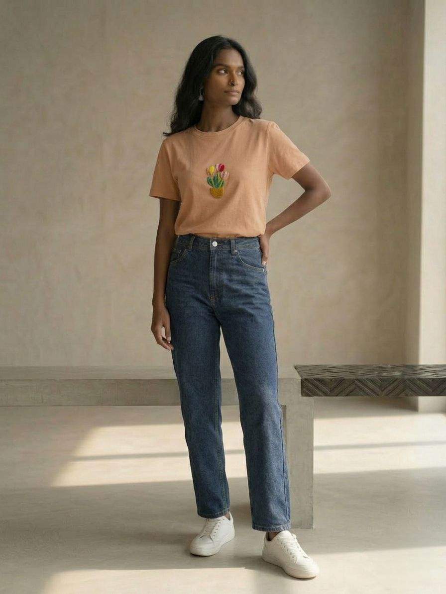 Peach women’s T-shirt featuring colorful tulip embellishment on the front