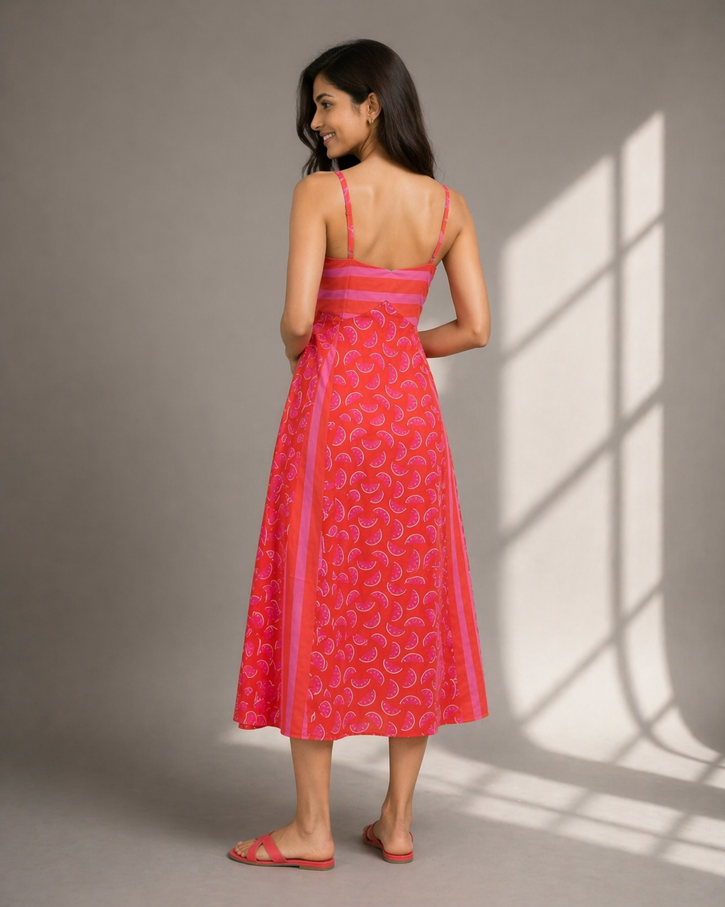 Casual pink midi dress with watermelon pattern for vacation outfit