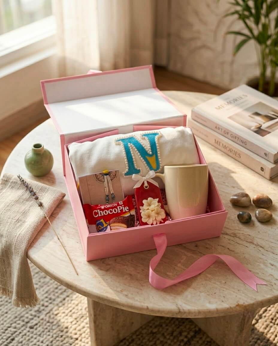 A pink gift box arranged on a round wooden table in a bright room. The box contains a folded white towel or blanket with a large blue letter N, a small red packaged item, a cream-colored mug, and a decorative flower.