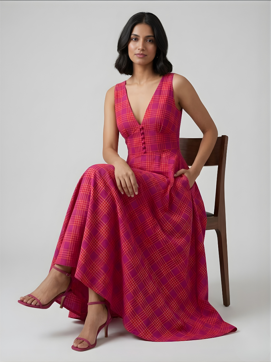 Close-up of V-neckline and button detail on pink cotton dress