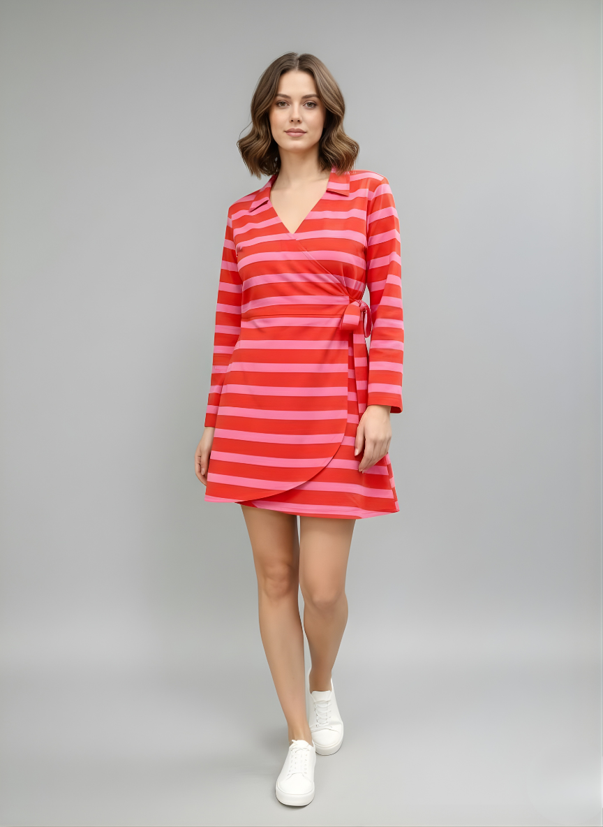 Casual striped wrap mini dress in bright tones for women