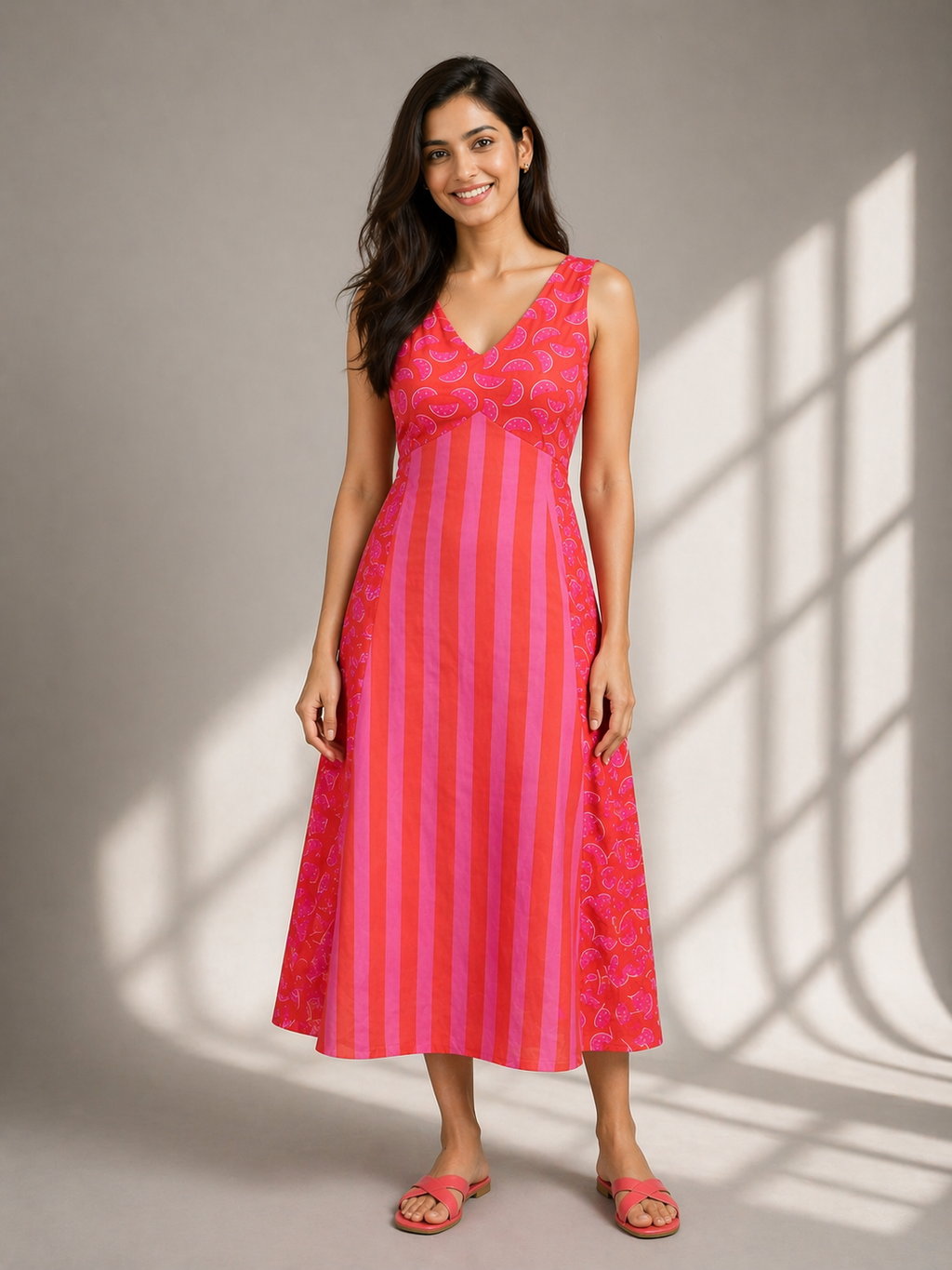  Sleeveless striped A-line summer dress for women with fruit print