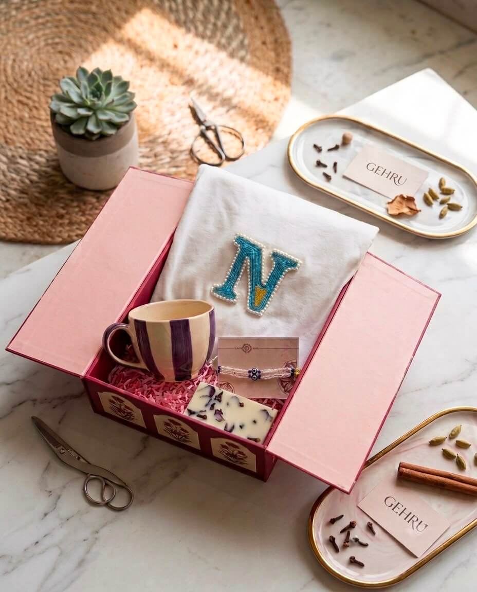 A styled gift box set on a marble surface, featuring a pink box containing a white embroidered monogram towel with a large letter 'N', a striped mug, a bar of soap, and a beaded bracelet. Decorative props including a small succulent, scissors, and gold-trimmed trays with spices are arranged around it.