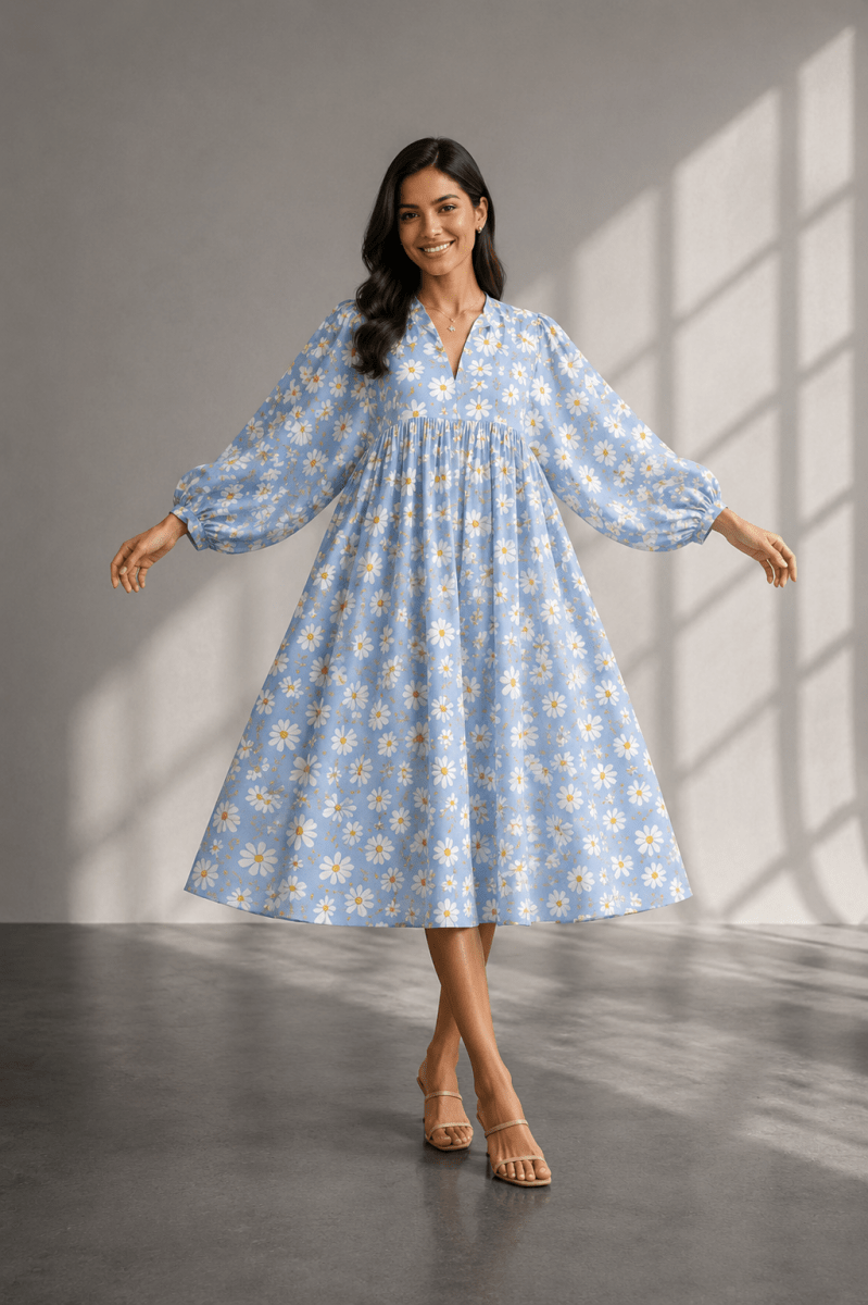 blue daisy print dress PixieGirl Petite Women's Blue Daisy Midi Dress