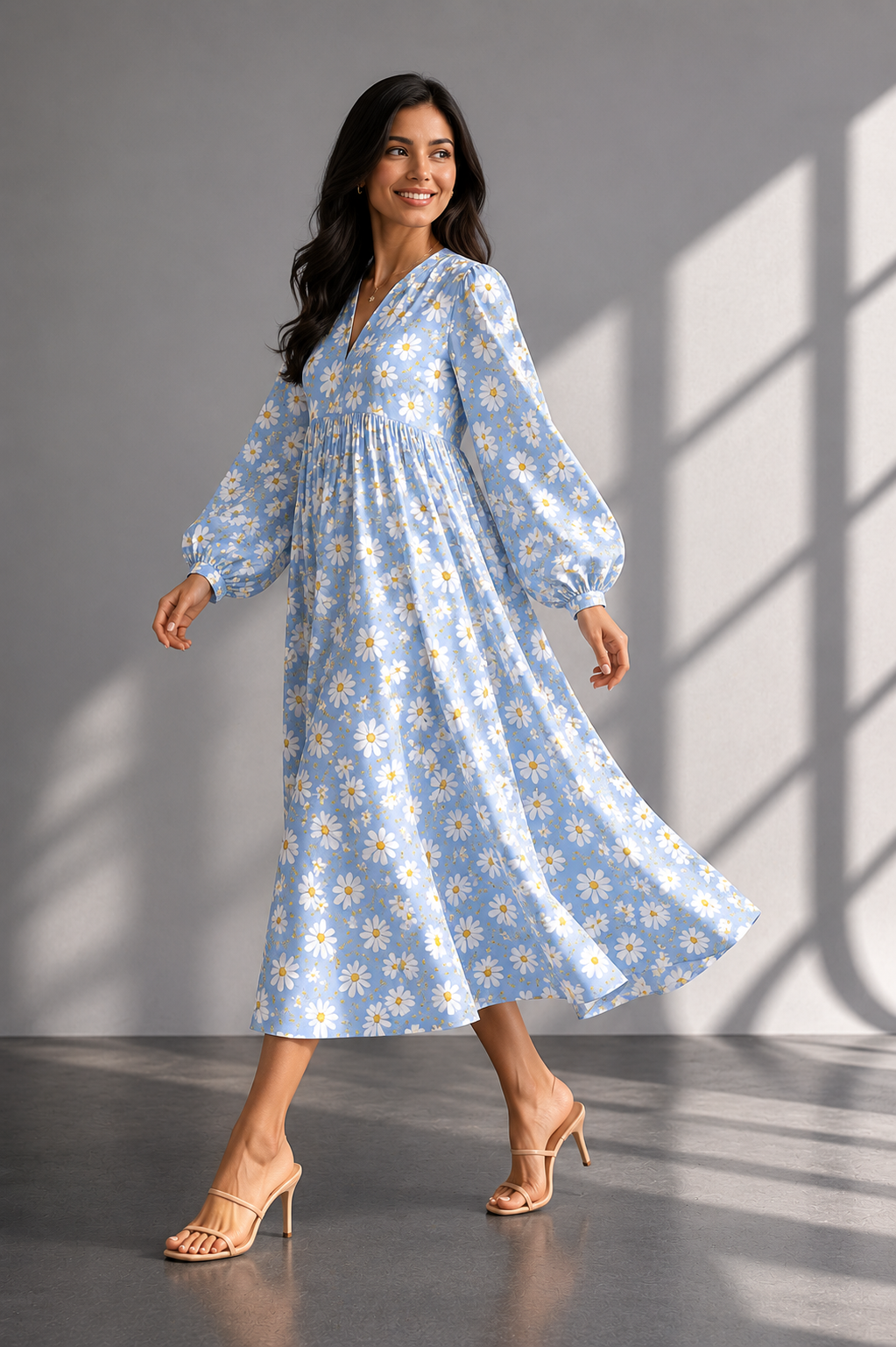 Model walking in powder blue floral cotton maxi dress with flowy silhouette and soft sunlight.