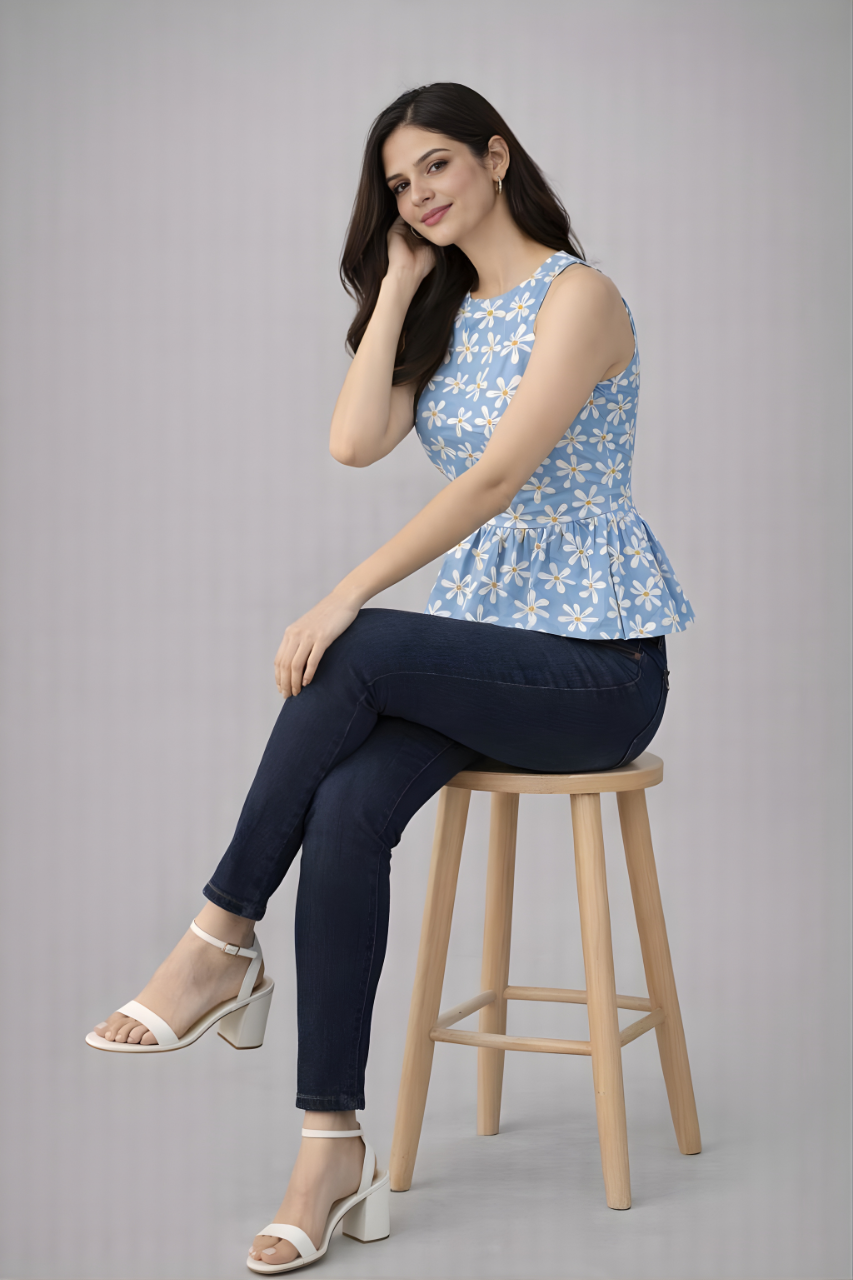 Floral peplum summer top in blue with fitted waist and flared hem