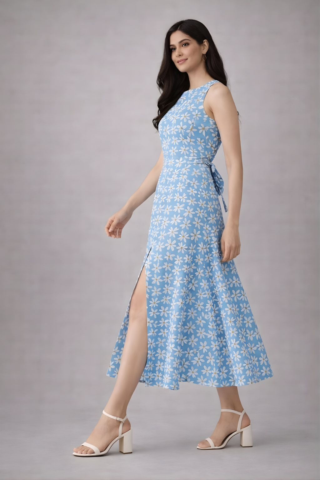 Elegant summer midi dress in blue floral print styled with heels