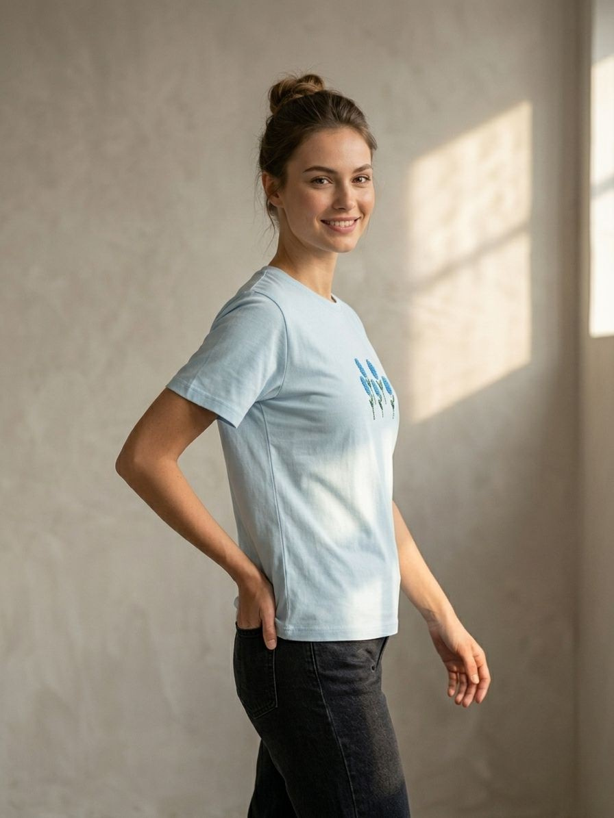 minimal floral embroidery women t-shirt sky blue casual fashion top