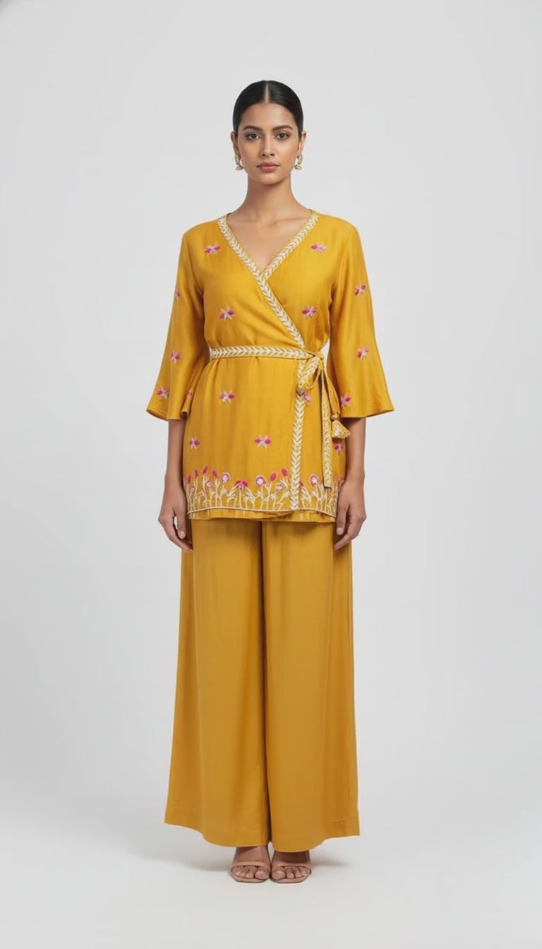 Product Shoot Video of mustard yellow coord set with belt