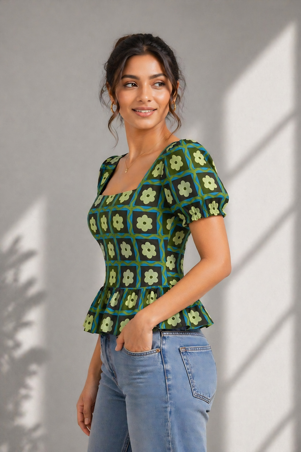 Square neckline puff sleeve cotton top for women