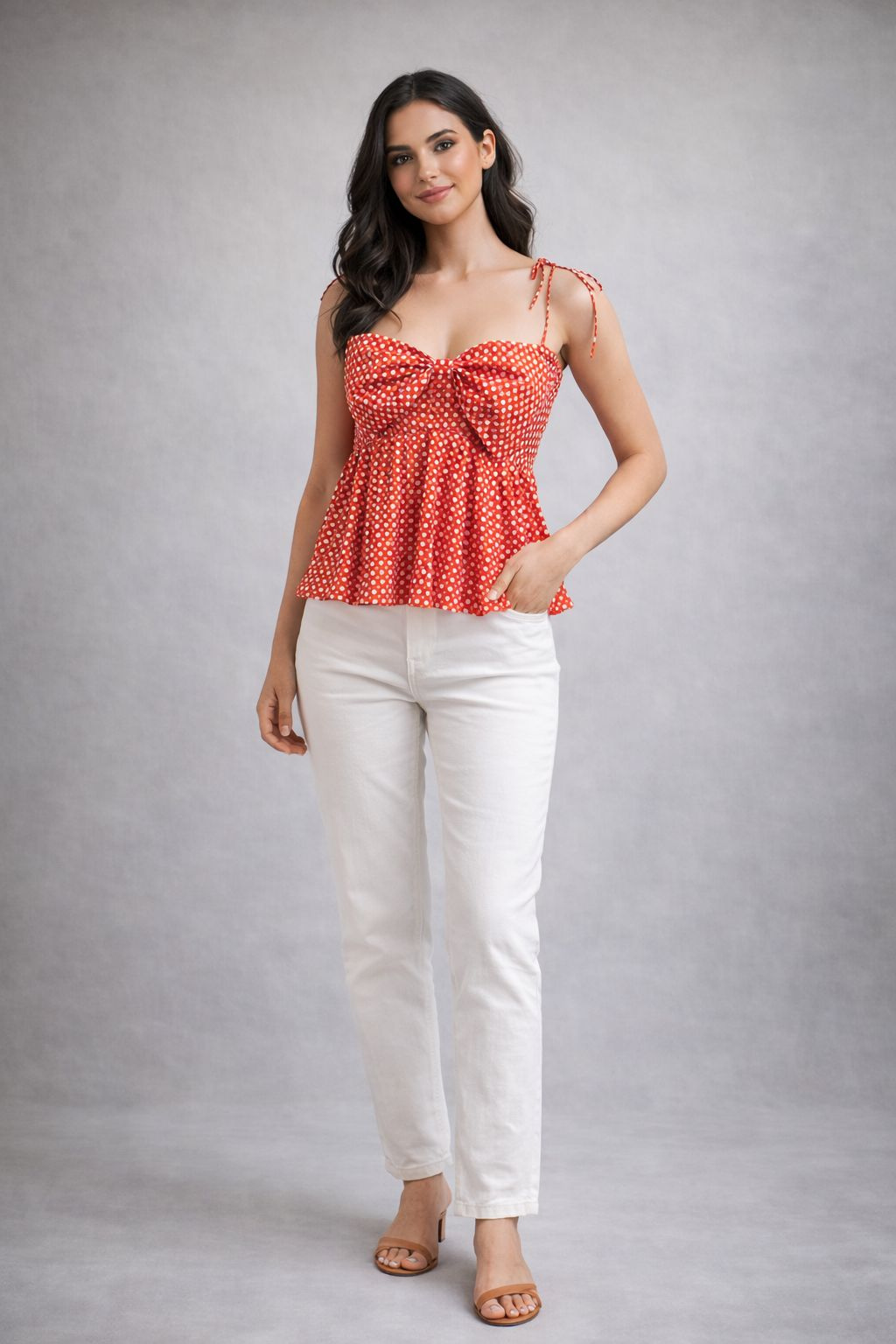Coral bow tie strap sleeveless summer top
