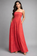 Red check tube maxi dress with detachable sleeves and flowy silhouette