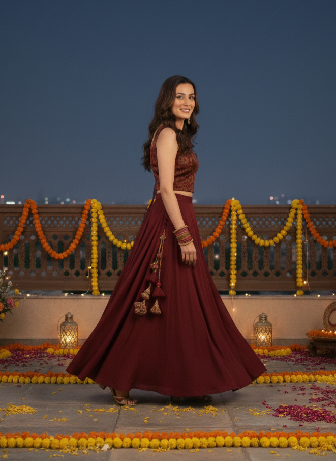 Woman in a maroon dress standing on a decorated platform with a dark blue sky.