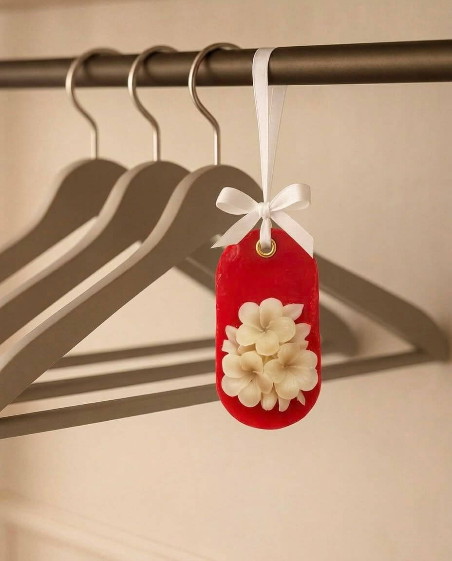 A red fabric closet tag ornament with a white ribbon bow and cream flower applique, hanging from a metal hanger bar on a closet rod.