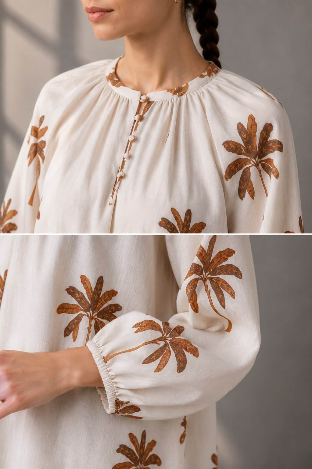 Ivory palm print midi dress with gathered neckline and relaxed silhouette.