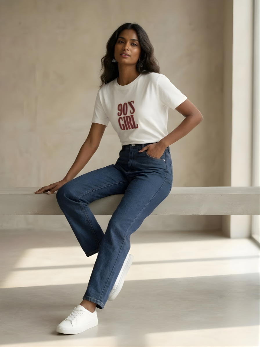 Casual white cotton tee featuring 90’s Girl katdana embroidery detail on the front.
