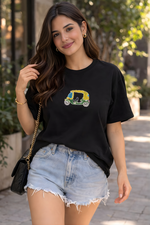 Casual black cotton T-shirt with playful auto rickshaw design inspired by Indian street culture.